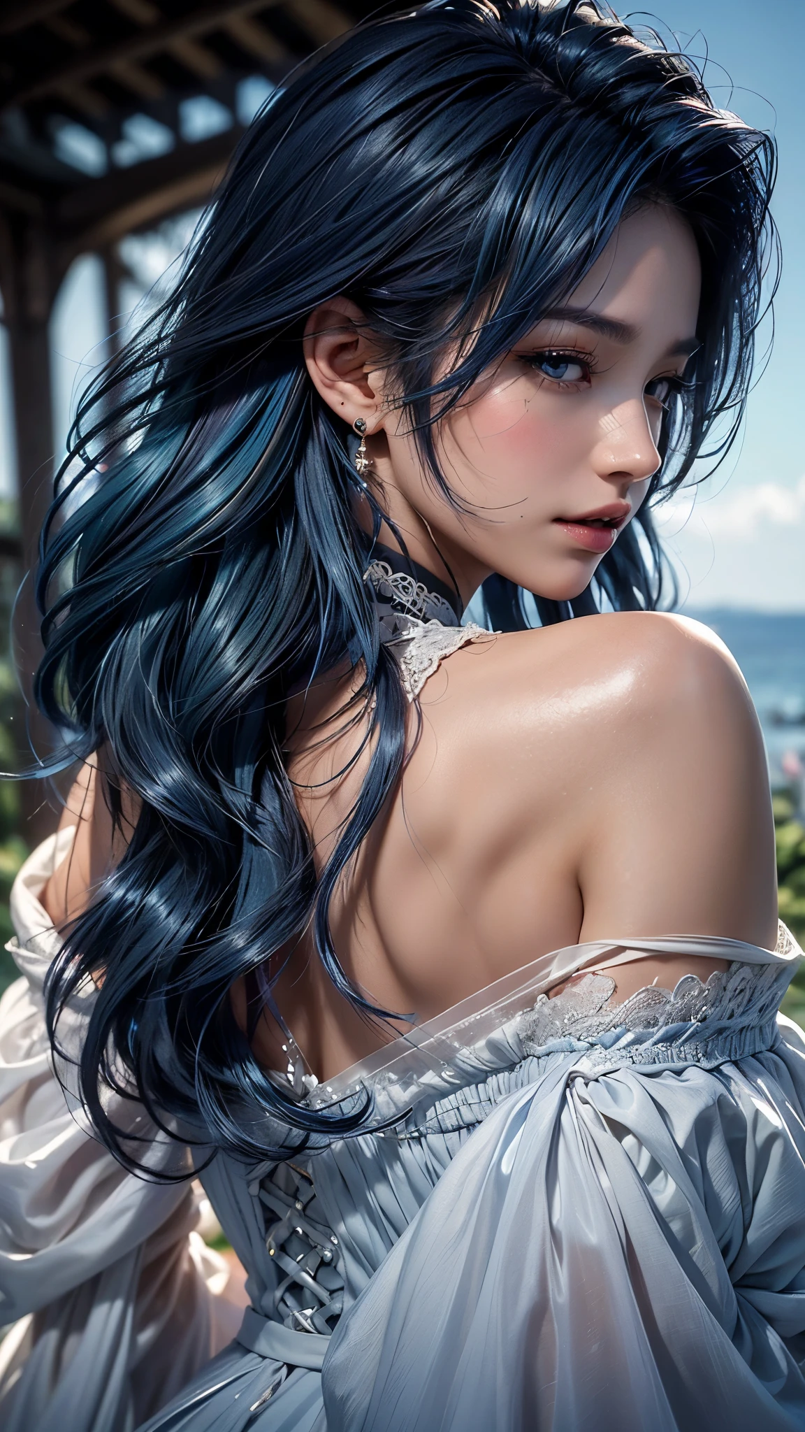 (masterpiece, best quality, beautiful and aesthetic:1.3), look back, side view, 1 girl, Happy, giggle, (Dark blue hair Gradient sky blue hair:1.6), Absurdly long hair, Single side lock, curls, shiny hair, Flowing hair, (Deep purple eyes), Exquisite eyes, Aqua eyes, Super high detail eyes, long upper eyelashes, cosmetic, focus on face, Very rich facial details, Pretty Face, Perfect breasts, Hot body, (The skin texture is delicate:1.2), white Wedding dress, Lace-trimmed dress, transparent, Wedding dress, outdoor, White Rose, garden, morning, Everlasting, Very detailed,