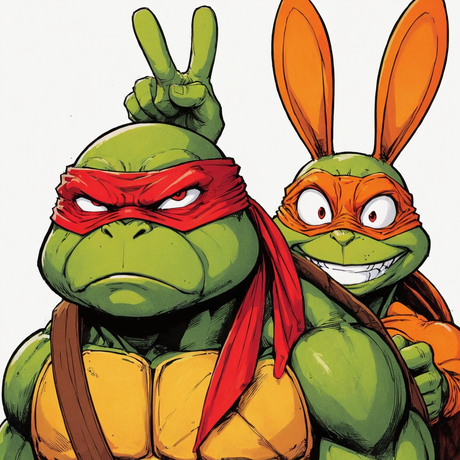A grumpy Raphael with a red mask and a goofy Michelangelo with an orange mask from the 1990 Teenage Mutant Ninja Turtle film. Michelangelo is behind Raphael, putting up only one V finger gesture behind Raphael's head like two bunny ears. The style should be rotoscope, hand drawn, and cartoonish realism.
