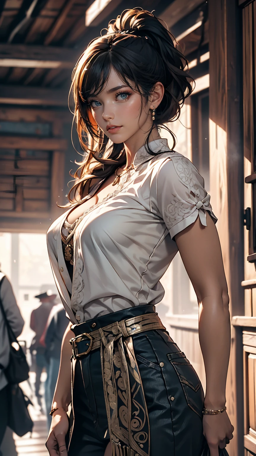 Western Cowboy Style, Cowgirl, photograph, highest quality, Realistic, Realistic, Intricate details, (Fine details), (Intricate details), Cinematic Light, highest quality backlight, Clear lines, 8k, Ultra-high resolution, Purelos Face_v1,