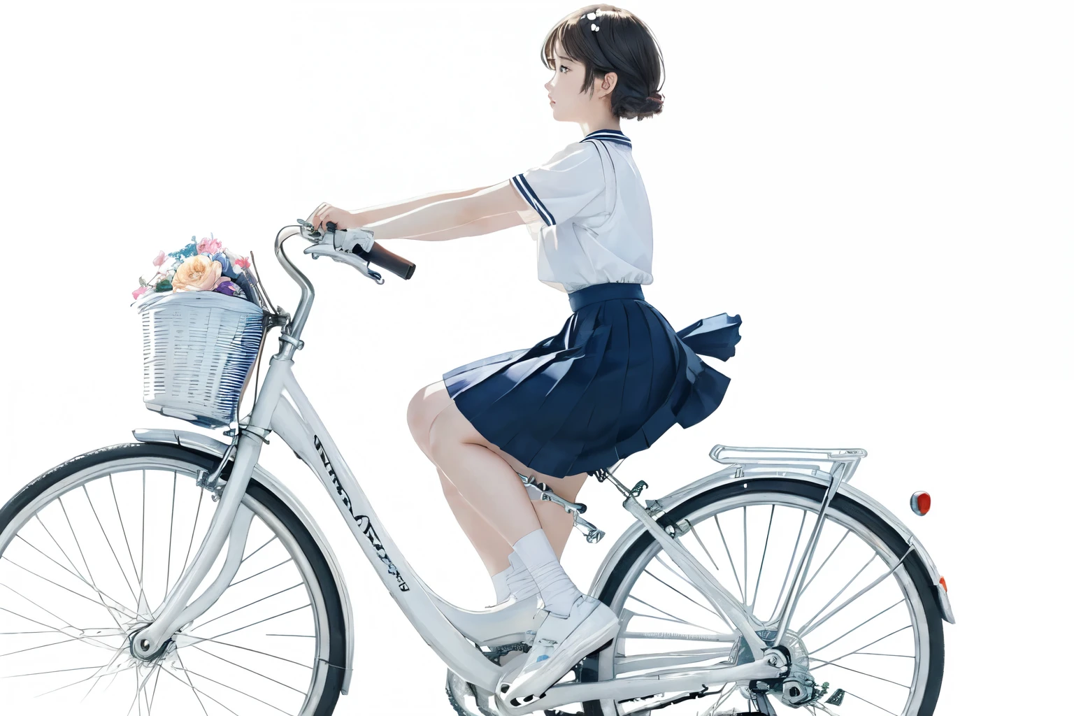 (highest quality、masterpiece)、(A  riding a bicycle、Mamachari、alone、whole)、(From the side)、(Cute Face)、short hair、White Sailor Suit、uniform、Long skirt、Pleated skirt、shoes、(No background)、White Background、Blur the background、(Watercolor of singer Sargent)、Impressionist style painting、