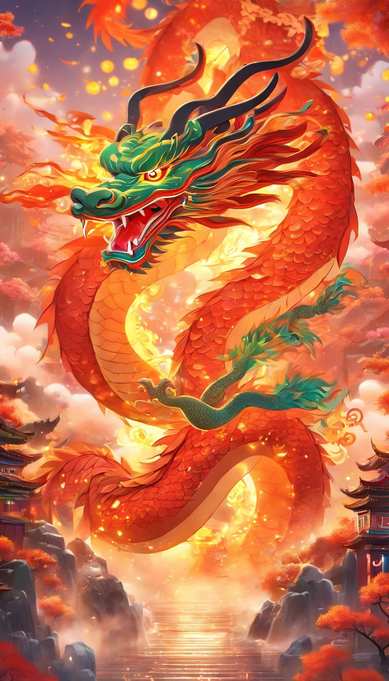 Chinese style elements,Oriental dragon image, Blessed by the dragon,The dragon is praying,Soaring skies, There are colorful lights everywhere, They were delighted, (High contrast), (The era of fantasy worlds), People are happily shopping, The atmosphere of the Spring Festival, (Ray tracing, Global illumination), (Masterpiece:1.4), (vibrant:1.2), Cinematic, iintricate,detail-rich, (Ultra-detailed CG unity 8k wallpaper)
