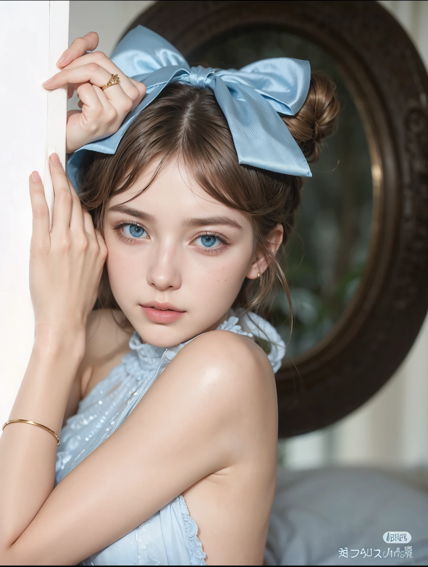 a beautiful woman, stunning blue eyes, long eyelashes, serene expression, detailed face, golden flowing hair, flowing white dress, lush garden, vibrant flowers, sunlight through trees, portrait, cinematic lighting, vivid colors, soft focus, high quality, detailed, photorealistic
