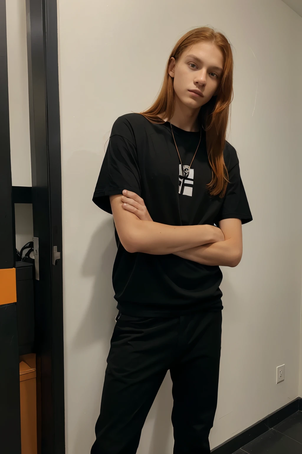 A tall 15-year-old boy with fair skin, honey-colored eyes, medium-long orange hair, dressed in a black shirt and black pants. ,zapatos blancos y chaqueta color negro con blanco