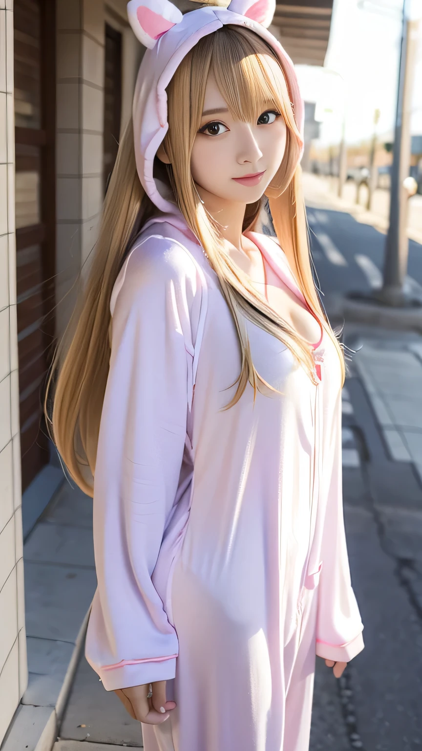 Kigurumi Costume Pajamas、Sexy Big 、A cute 15-year-old girl with a sexy and cute look, beautiful and sexy face、A strong wind blows my hair in front of my face、With straight blonde hair、beautiful, Cute and sexy eyes hidden behind long bangs、Costume pajamas