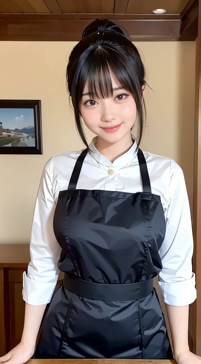 (highest quality,masterpiece:1.3,Ultra-high resolution,),(Very detailed,Caustics),(Photorealistic:1.4,RAW shooting,)Ultra-Realistic Capture,Very detailed,High resolution 16K human skin closeup。 Natural skin texture、,Pores、、、、It must be detailed enough to be easily identifiable。 Skin tone is even and healthy looking。 Use natural light and color,restaurant,Waitress Uniform,1 girl,Japanese,18-year-old,cute,Black-haired,ponytail,Big Breasts,smile,Turn your body forward,(Front view:1.1),Looking at the camera,Cowboy Shot,