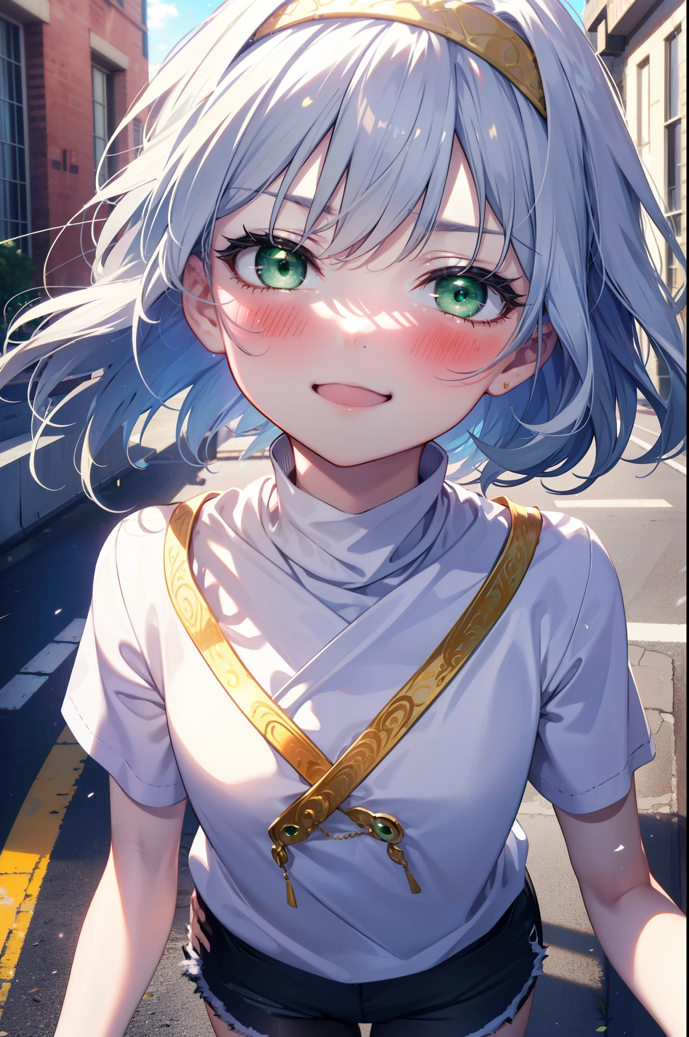 index, index, (Green Eyes:1.5), Silver Hair, Long Hair, (Flat Chest:1.2),happy smile, smile, Open your mouth,blush,hair band,Cordo shoulder top,Short sleeve,Shorts,Black tights,High-top sneakers,Daytime,Clear skies,whole bodyがイラストに入るように,Walking,
break looking at viewer, whole body,
break outdoors, In town,Building district,
break (masterpiece:1.2), highest quality, High resolution, unity 8k wallpaper, (figure:0.8), (Beautiful fine details:1.6), Highly detailed face, Perfect lighting, Highly detailed CG, (Perfect hands, Perfect Anatomy),