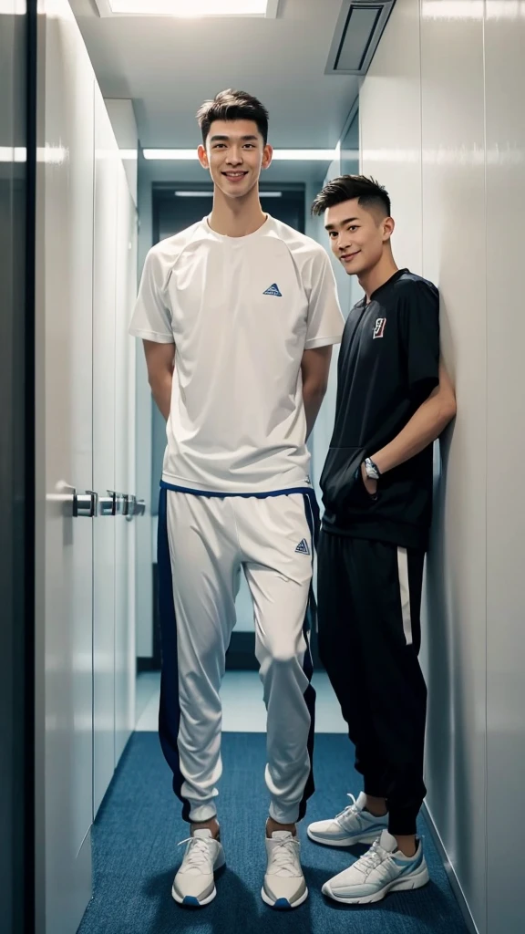 An extremely tall guy, handsome Chinese, athletic, short clean hairstyle, white sports shoes, smiling while standing in a crowded office elevator, clearly taller than everyone else, with the top of the elevator barely above his head."