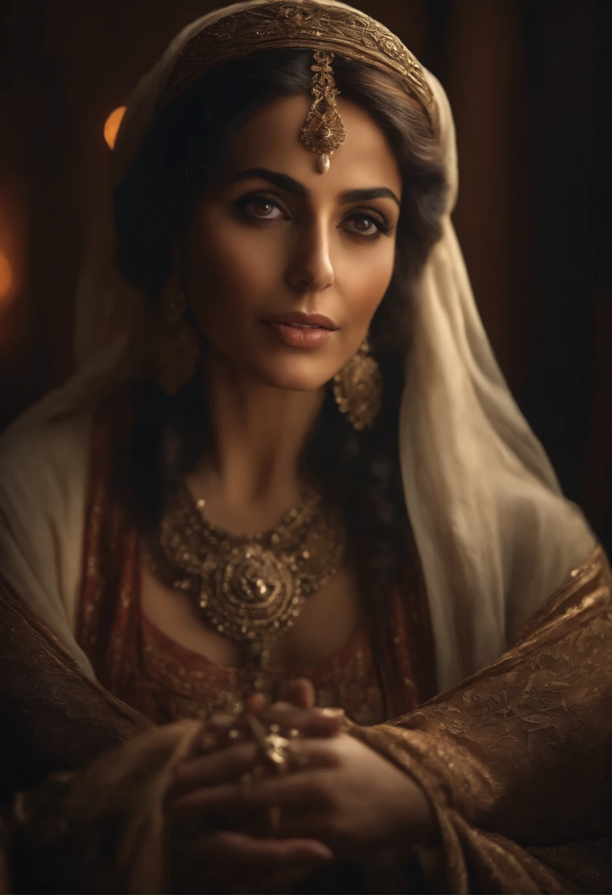 a beautiful old arab woman, stunning portrait of 3 arabian women, biblical character, high fantasy, dramatic lighting, chiaroscuro, dramatic shadows, rich colors, intricate details, elegant poses, beautiful eyes and facial features, detailed ornate clothing, elaborate headpieces, mysterious atmosphere, (best quality,4k,8k,highres,masterpiece:1.2),ultra-detailed,(realistic,photorealistic,photo-realistic:1.37),cinematic composition,dramatic lighting and shadows,vibrant colors,impeccable details