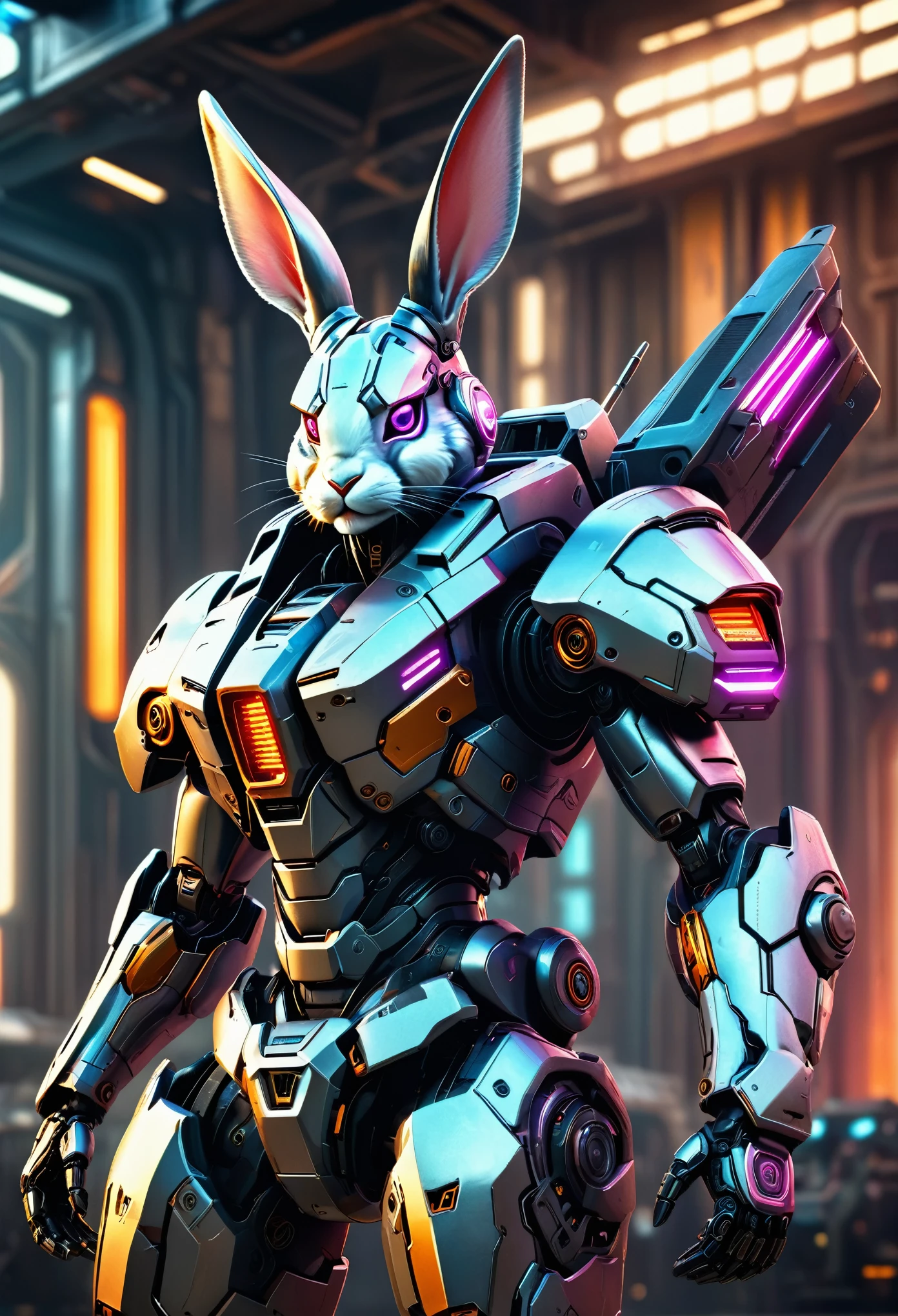 A mech with rabbit ears in a futuristic combat stance, rich in details, steel texture, cool and sci-fi vibe, enhanced by studio lighting effects like HDR and ultra-fine painting, set against a sci-fi background, highres, vivid colors, with a focus on realistic rendering and extreme detail description.