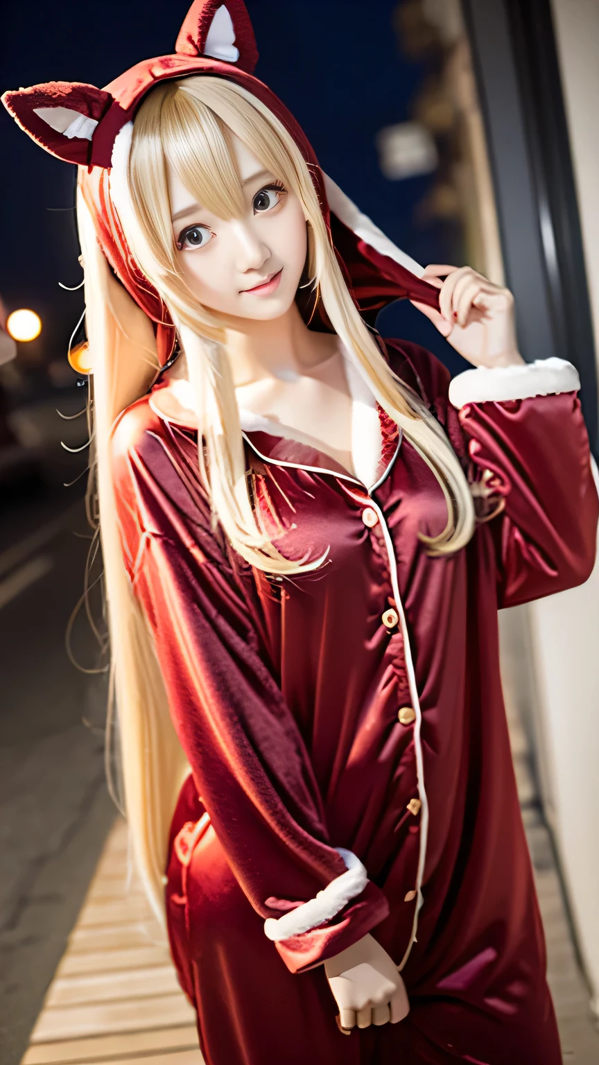 Kigurumi Costume Pajamas、Sexy Big 、A cute -yeld giwith a sexy and cute look, beautiful and sexy face、A strong wind blows my hair in front of my face、With straight blonde hair、beautiful, Cute and sexy eyes hidden behind long bangs、Costume pajamas