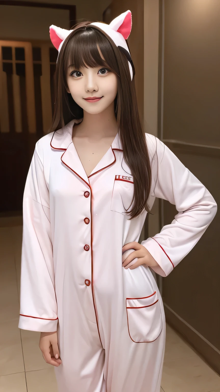 Kigurumi Costume Pajamas、Sexy Big 、A cute 13-year-old girl with a sexy and cute look, beautiful and sexy face、A strong wind blows my hair in front of my face、With straight blonde hair、beautiful, Cute and sexy eyes hidden behind long bangs、Costume pajamas