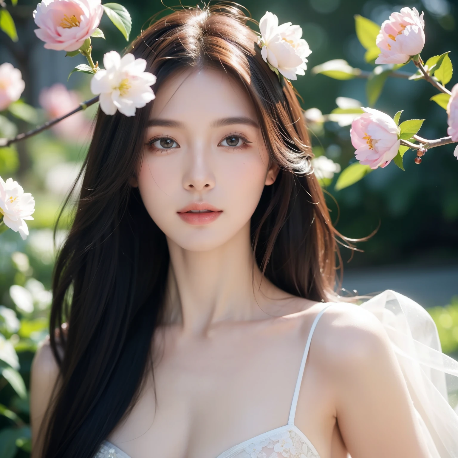 "Imagine a supermodel in the midst of an ethereal photoshoot, surrounded by a breathtaking sea of flowers. She stands poised and elegant, her presence commanding attention amidst the vibrant colors and delicate petals.
Her attire is a flowing, couture gown that seems to blend seamlessly with the blooms around her, accentuating her grace and sophistication. The gown is adorned with intricate floral patterns that mirror the surrounding blossoms, creating a harmonious visual symphony.
The soft light of the golden hour bathes the scene, casting a warm, almost magical glow over everything. Petals flutter gently in the breeze, adding a sense of movement and life to the setting. The model’s expression is serene yet powerful, her eyes captivating the lens with a gaze that speaks of confidence and allure.
In the background, the lush garden stretches out, filled with an array of flowers in full bloom – roses, peonies, lilies, and more, creating a vibrant tapestry of colors and textures. The air is fragrant with the scent of fresh flowers, enhancing the dreamy atmosphere.
This image captures the essence of beauty, elegance, and nature intertwined, creating a stunning visual feast that celebrates the art of high fashion and the timeless allure of flowers."super fine body, super fine face, super fine eyes, super fine nose, superfine mouth, super fine hands, super fine fingers, good shape, very perfect body, very perfect face, very perfect eyes, very perfect nose, very perfect mouth, very perfect hands, very perfect fingers, super detailed body, super detailed face, super detailed eyes, super detailed nose, super detailed mouth, super detailed hands, super detailed fingers, super high quality, professional photographer's shots, raw photo, very beautiful girl, super model, super realistic, Photo taken using a Kodak analog camera, 90s photo, 90s camera, brown eyes