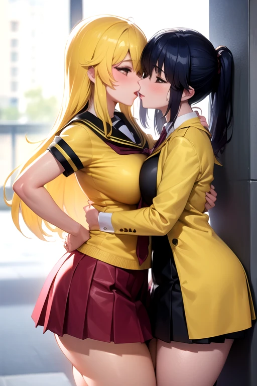 Lesbiana (cabello amarillo suelto muy largo)(pechos grandes, muslos grandes)(con ropa de uniforme escolar quede muy ajustada) que se este besando en el la escuela con su novia,(pechos grandes, muslos grandes)amor lesbico