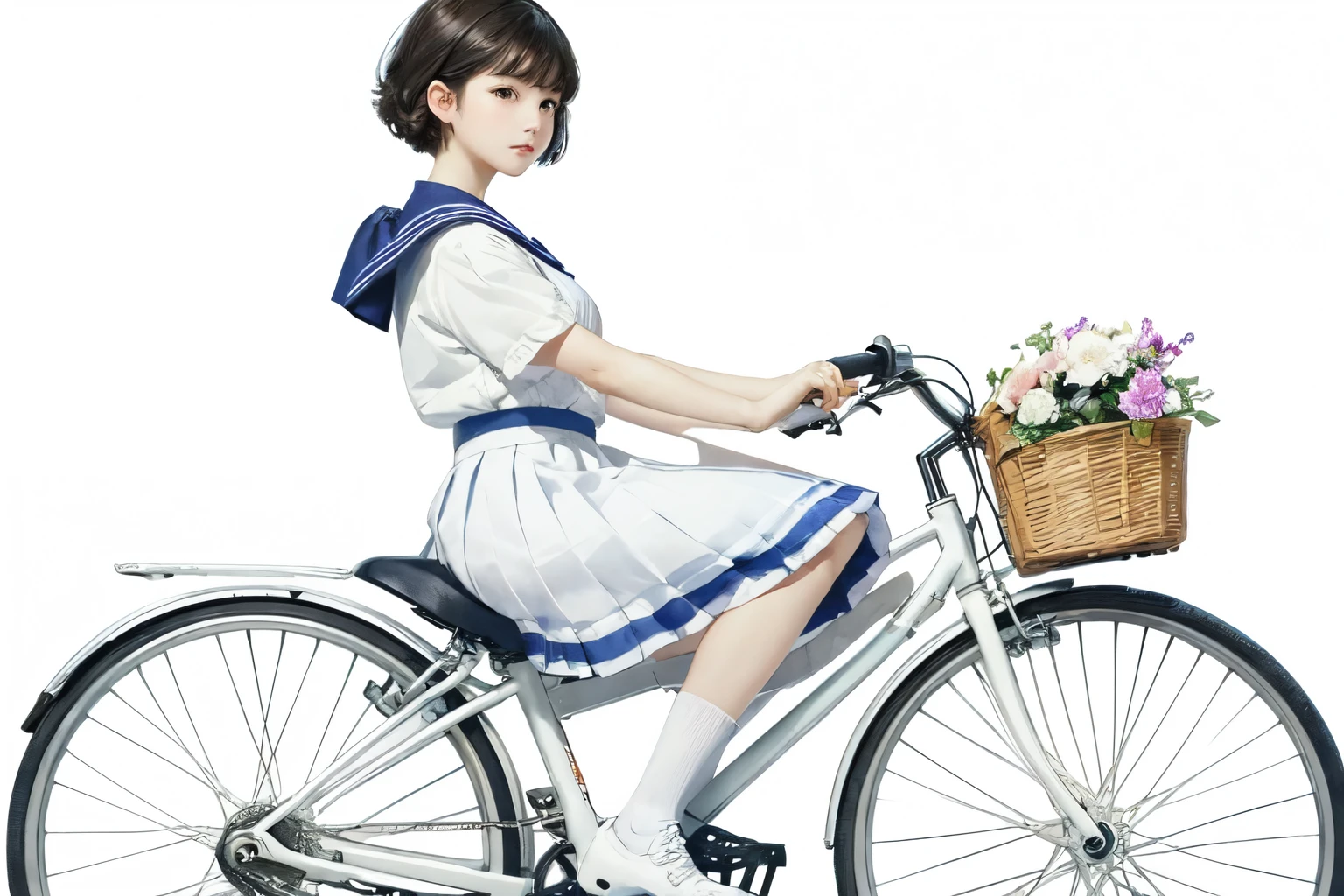 (highest quality、masterpiece)、(A  riding a bicycle、Mamachari、alone、whole)、(From the side)、(Cute Face)、short hair、White Sailor Suit、uniform、Long skirt、Pleated skirt、shoes、(No background)、White Background、Blur the background、(Watercolor of singer Sargent)、Impressionist style painting、