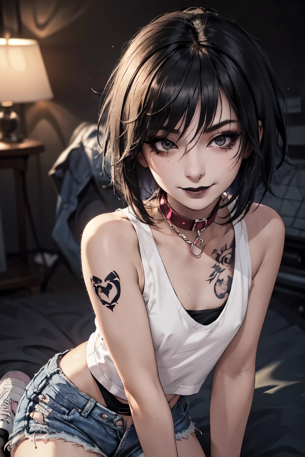 1girl, woman, emo_hairstyle, black lipstick, dog collar, eyeliner, eye shadow, smoky eyes, realistic lighting, tight tank top, tight denim short shorts, sneakers, satanic tattoo, smug, smirk, short hair, flat chest.