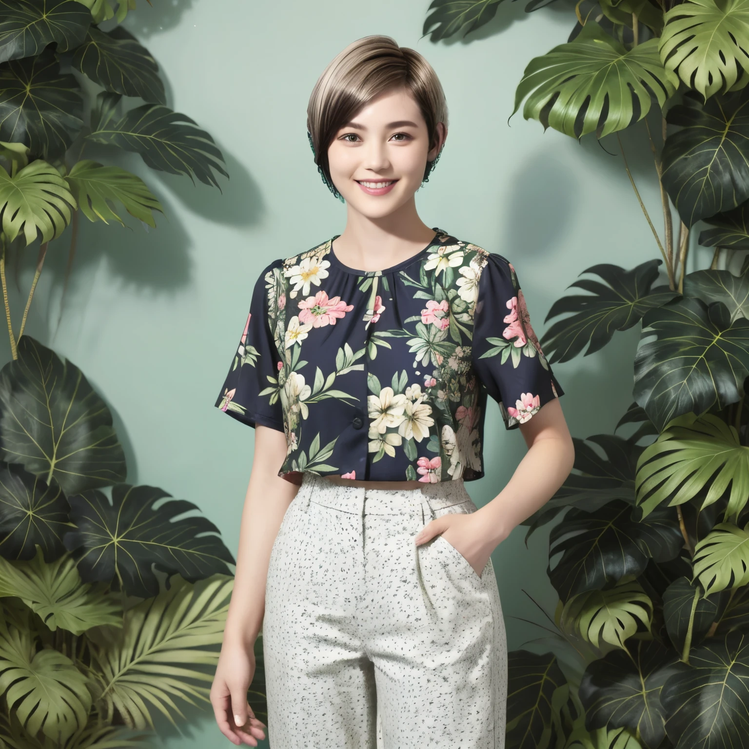 231 (18-year-old female,Floral clothes), ((short hair:1.46)), (Pants Style), (A kind smile), (Jungle Pattern)