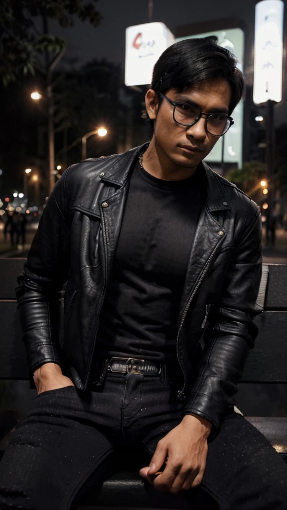 A (((30-year-old Indonesian man))) dressed in (((black jeans and a classic black t-shirt))), accessorizing with a sleek pair of (((black rimmed glasses))) and a timelessly cool (((leather jacket))), all against a backdrop of a serene city park at night, where he comfortably settles onto a (bench) with a modern smartphone cupped in his hands