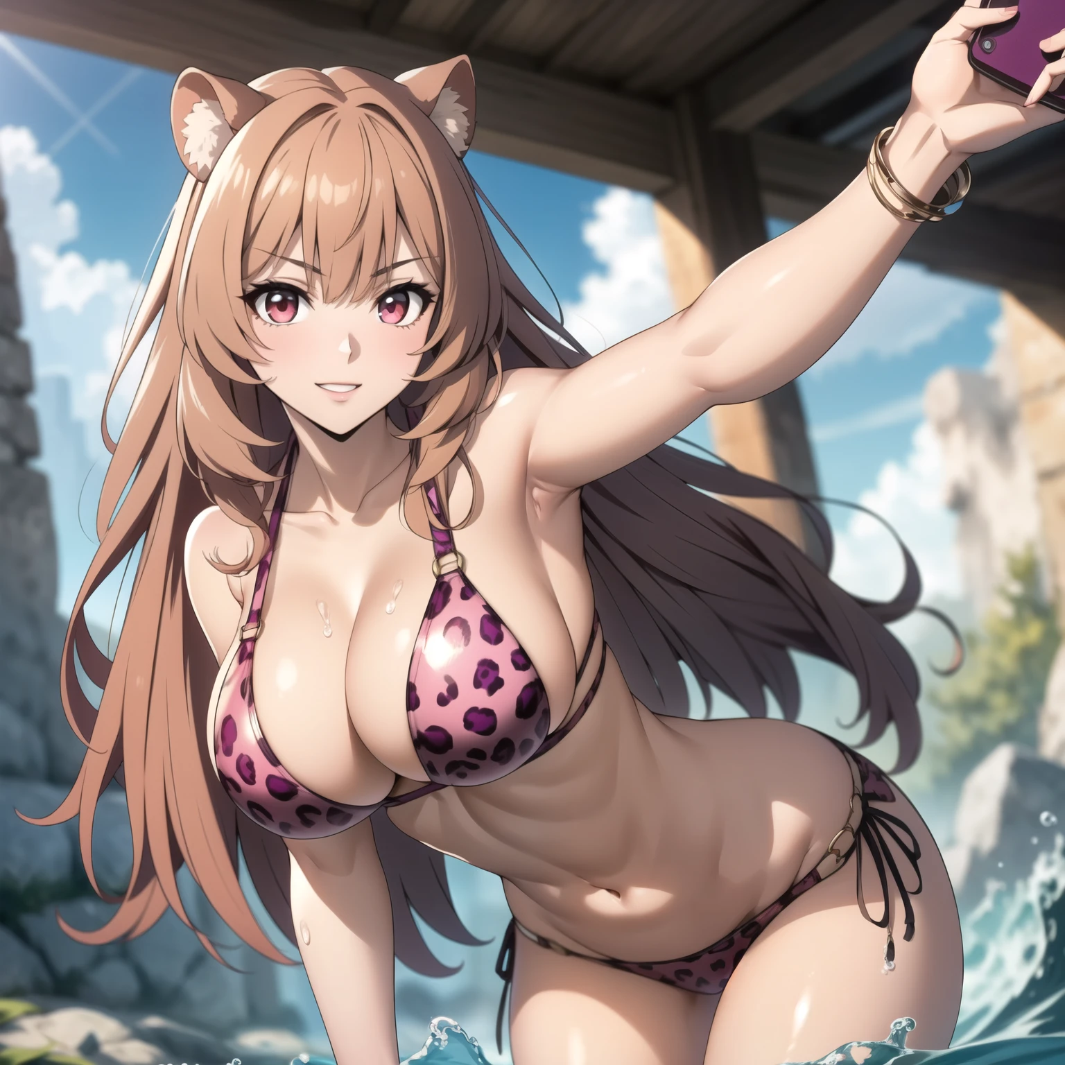 Raphtalia woman 27 años, cabello naranjo brillante con reflejos, sonrisa hermosa, rubor en mejillas, , orejas de oso, detailed ruby red eyes, pechos grandes, piel clara detallada, pink leopard print bikini, accesorios, selfi. manos perfectas. una sola mujer. mujer sola. selfi. cabello rubio. gotas de agua en su pecho, gotas de agua en su cabello. colores vibrantes, alta calidad.