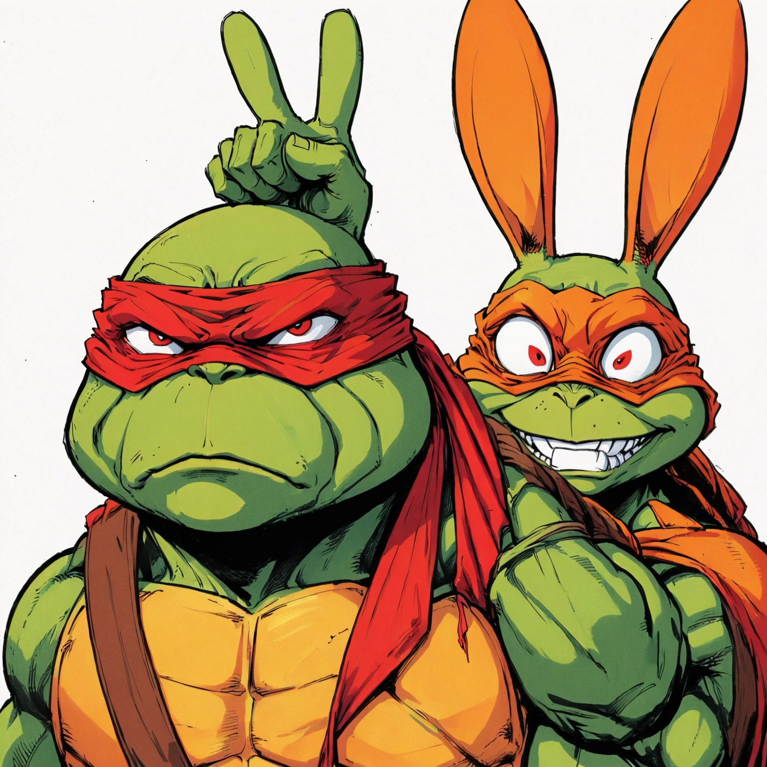A grumpy Raphael with a red mask and a goofy Michelangelo with an orange mask from the 1990 age Mutant Ninja Turtle film. Michelangelo is behind Raphael, putting up only one V finger gesture behind Raphael's head like two bunny ears. The style should be rotoscope, hand drawn, and cartoonish realism.