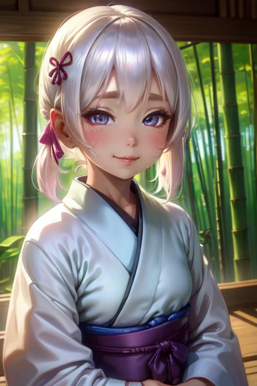 (High quality, High resolution, Fine details), BREAK streaming sunlight through bamboo grove, BREAK indigo kimono, solo, curvy women, white hair, sparkling eyes, (Detailed eyes:1.2), smile, blush, Sweat, Oily skin, shallow depth of field, soft pastel colors, peaceful stillness