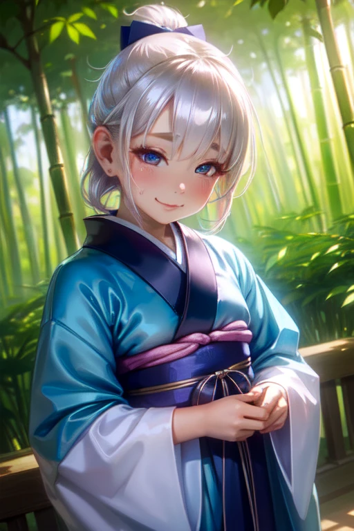 (High quality, High resolution, Fine details), BREAK streaming sunlight through bamboo grove, BREAK indigo kimono, solo, curvy women, white hair, sparkling eyes, (Detailed eyes:1.2), smile, blush, Sweat, Oily skin, shallow depth of field, soft pastel colors, peaceful stillness