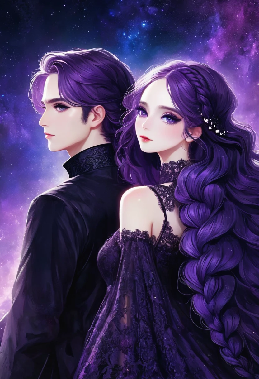 rough texture，Hand drawn style：A couple standing back to back，Fractal Art，yinji，Purple Hair，Purple Eyes，Long hair，(Double braid)，Gradient hair，Gothic style clothing，Lace，Dark Fantasy，Dramatic lighting，cinematic composition, ，Theatrical atmosphere，Chiaroscuro，Gothic，Melancholy，mystery，Ethereal atmosphere，universe，Psychedelic，dream，fear，Milky Way, Night sky, Star,