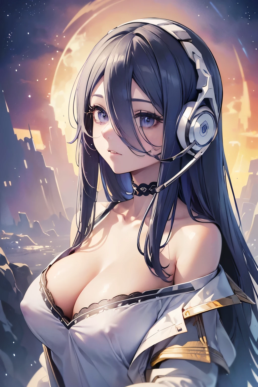 (paysage sur une autre planète), ((haut du personnage)), ((buste)), ((vue de profil)), (finely detailed eyes and detailed face:1.3), (extremely fine and beautiful:1.1), (Perfect details:1.1), ((gros seins)), Exia, Nikke, headphones, choker, off shoulder, shirt, white jacket, collarbone