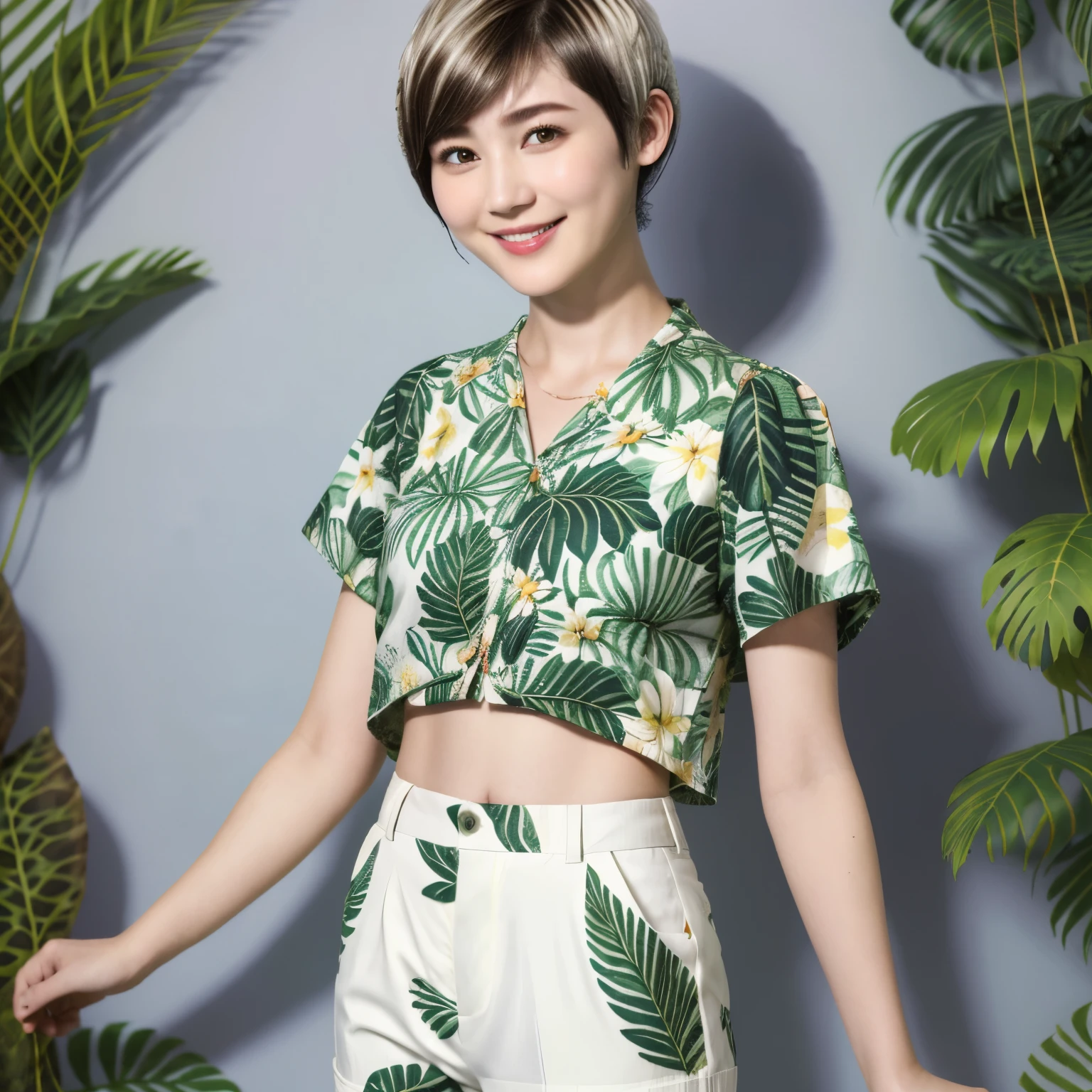 231 (18-year-old female,Floral clothes), ((short hair:1.46)), (Pants Style), (A kind smile), (Jungle Pattern)