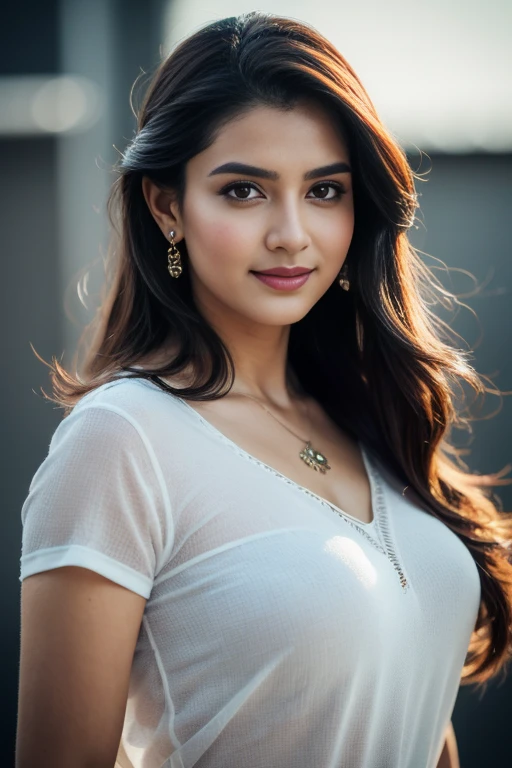 Portrait of A confident-looking Bangladesh  woman with flowing long and thick hair, hazel eyes, team India cricket tshirt, a smile on the face, royal and lusty look, red bindi, standing in cricket stadium, c-cup breast, perfect composition, hyperrealistic, super detailed, 8k, high quality, trending art, trending on artstation, sharp focus,  photo, intricate details, highly detailed, art by Greg Rutkowski