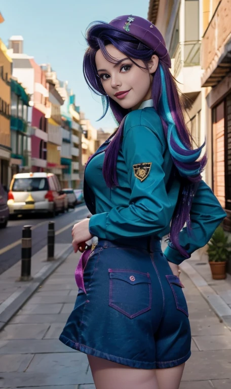 Photo oF a 17 year-old American girl, .CRUDO, beautiFul woman , cabello largo color azul turqueza ((retrato)), ((Cara detallada:1.2)), ((Detailed Facial Features)), (Piel Finamente detallada) , ojos color.azul , 、un sexy(color fresco), wet, wet, ReFlectoreasutepiece) (proporciones perFectaotos realistas)(La mejor calidad) (Detallado) FotograFiado con una EOS R5 de Canon, lente de 50 mm, F/2.8, NFFSW, (8K) (papel tapiz) (cinematic lighting) (dramatic lighting) (sharp Focus) (Enrevesado) senos grandes , pechos grandes , cuerpo completo , hermoso cuerpo de adolesente ,lindo maquillaje , gran sonrisa , labios rojos. Mlp ,Starlight Glimmer , foto dinamica , pose sexy , centro comercial , noche , sonrisa presumida , ropa morada , brazalentes con puas , cabello largo color azul turqueza con mechas color morado, cuerpo completo , foto de cuerpo completo , my little pony Equestria girls , tiene un collar con un rubi , ropa de pelicula my little pony Rainbow rocks