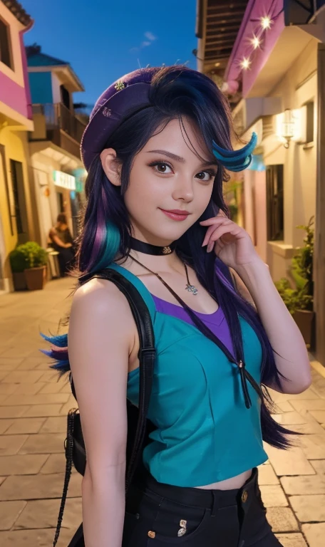 Photo oF a 17 year-old American girl, .CRUDO, beautiFul woman , cabello largo color azul turqueza ((retrato)), ((Cara detallada:1.2)), ((Detailed Facial Features)), (Piel Finamente detallada) , ojos color.azul , 、un sexy(color fresco), wet, wet, ReFlectoreasutepiece) (proporciones perFectaotos realistas)(La mejor calidad) (Detallado) FotograFiado con una EOS R5 de Canon, lente de 50 mm, F/2.8, NFFSW, (8K) (papel tapiz) (cinematic lighting) (dramatic lighting) (sharp Focus) (Enrevesado) senos grandes , pechos grandes , cuerpo completo , hermoso cuerpo de adolesente ,lindo maquillaje , gran sonrisa , labios rojos. Mlp ,Starlight Glimmer , foto dinamica , pose sexy , centro comercial , noche , sonrisa presumida , ropa morada , brazalentes con puas , cabello largo color azul turqueza con mechas color morado, cuerpo completo , foto de cuerpo completo , my little pony Equestria girls , tiene un collar con un rubi , ropa de pelicula my little pony Rainbow rocks