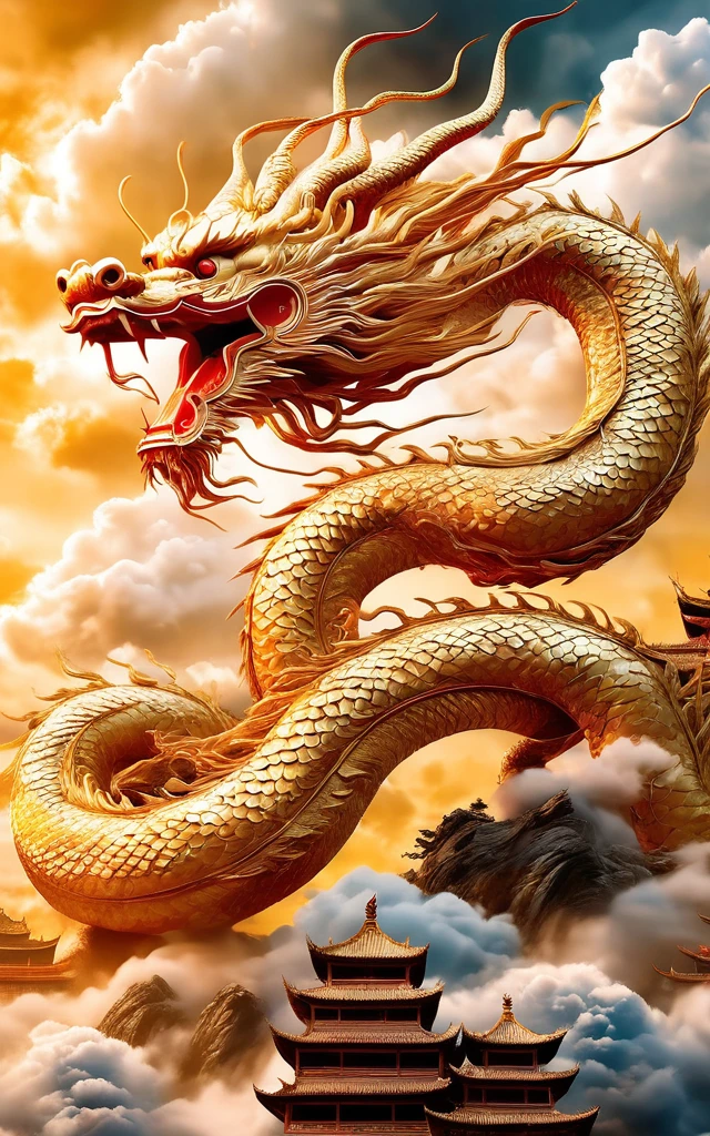 (Best quality,Masterpiece, Intricate,Ultra detail,Realistic,RAW photo,8K UHD,Ultra-high resolution,Photorealistic style,Cinematic scenes, Sharp focus,Dramatic lighting,extremely detailed CG unity wallpaper) ,Golden Chinese dragon,Chinese dragon in the clouds