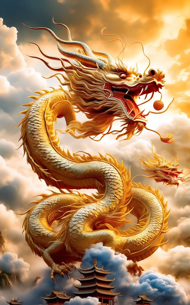 (Best quality,Masterpiece, Intricate,Ultra detail,Realistic,RAW photo,8K UHD,Ultra-high resolution,Photorealistic style,Cinematic scenes, Sharp focus,Dramatic lighting,extremely detailed CG unity wallpaper) ,Golden Chinese dragon,Chinese dragon in the clouds