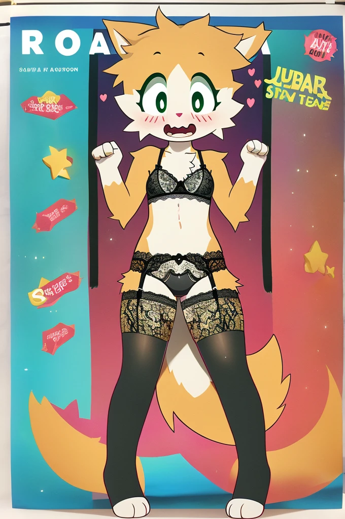 art by dagasi, Best Quality, Masterpiece, (Absurdres:), Detailed, Ultra-Detailed, Digital Art, correct anatomy, arms in correct position, full body, (high quality, high res, 4k:1.2), (kid:1.5), (small, youthful), rolo, furry, kid, (kid female:1.5), fluffy, light orange fur, green cat eyes, (beautiful eyes), juicy thighs, crying, in heat, blushing, look of desire, salivating, heart eyes, moaning fluffy tail, eyelashes, Rolo wearing Victoria Secret kid´s lingerie, lace opening panties, lace bra, garter belt, lace stockings, posing in Victoria Secret lingerie, posing erotically for a photography session, kid magazine, kid´s underwear catalog, multiple images per page of the magazine, scary face , fashion_magazine, 
