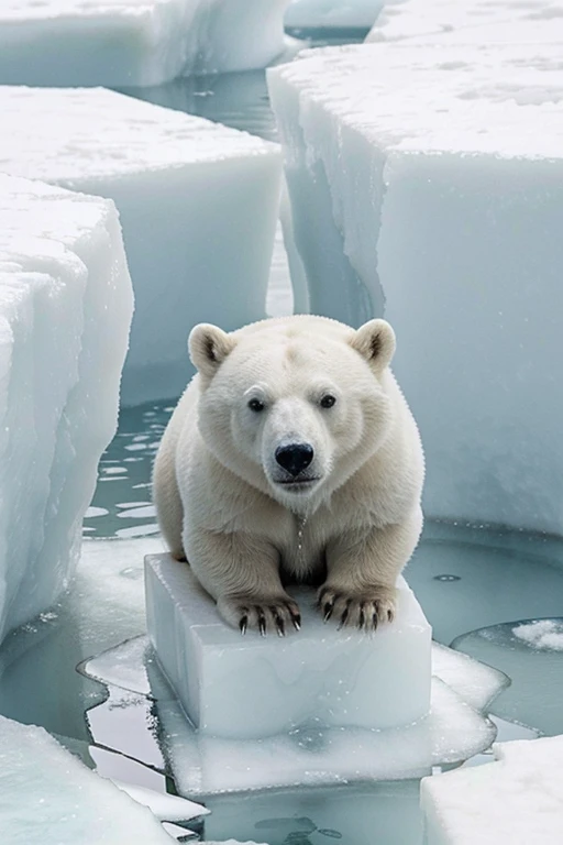una imagen impactante que muestre los efectos del calentamiento global, like a polar bear on a melting block of ice