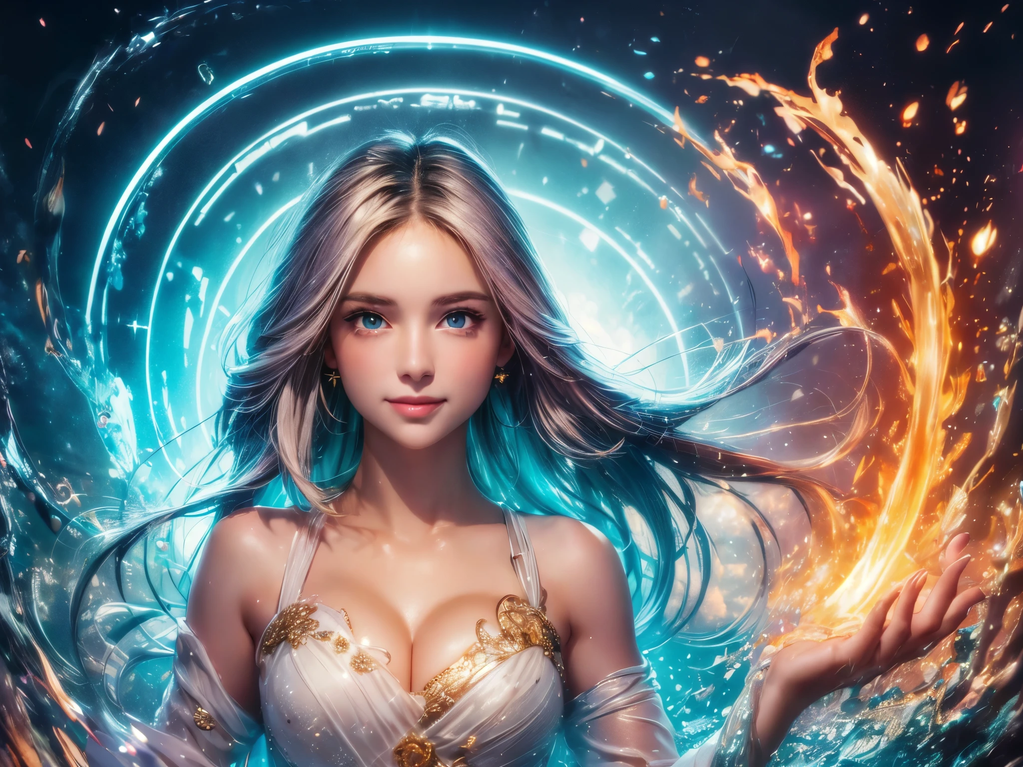 (Ultra HD,masterpiece,extremely meticulous:1.37),portrait,All magic circles,Rainbow magic circle,Full color magic circle,Water, fire, wood, electricity, earth, light, darkness, wind, ice, and gold summon time and space,Multiple series of magic,Dazzling magic effects,Detailed magic circle,a girl,magic master,Sorcerer,Rainbow Color Eyes,Ultra-delicate,pretty,cute,Determination,Smile,summer clothing,Delicate clothing,floating long hair,High quality hair,Full color magic hair color,glowing pupils,