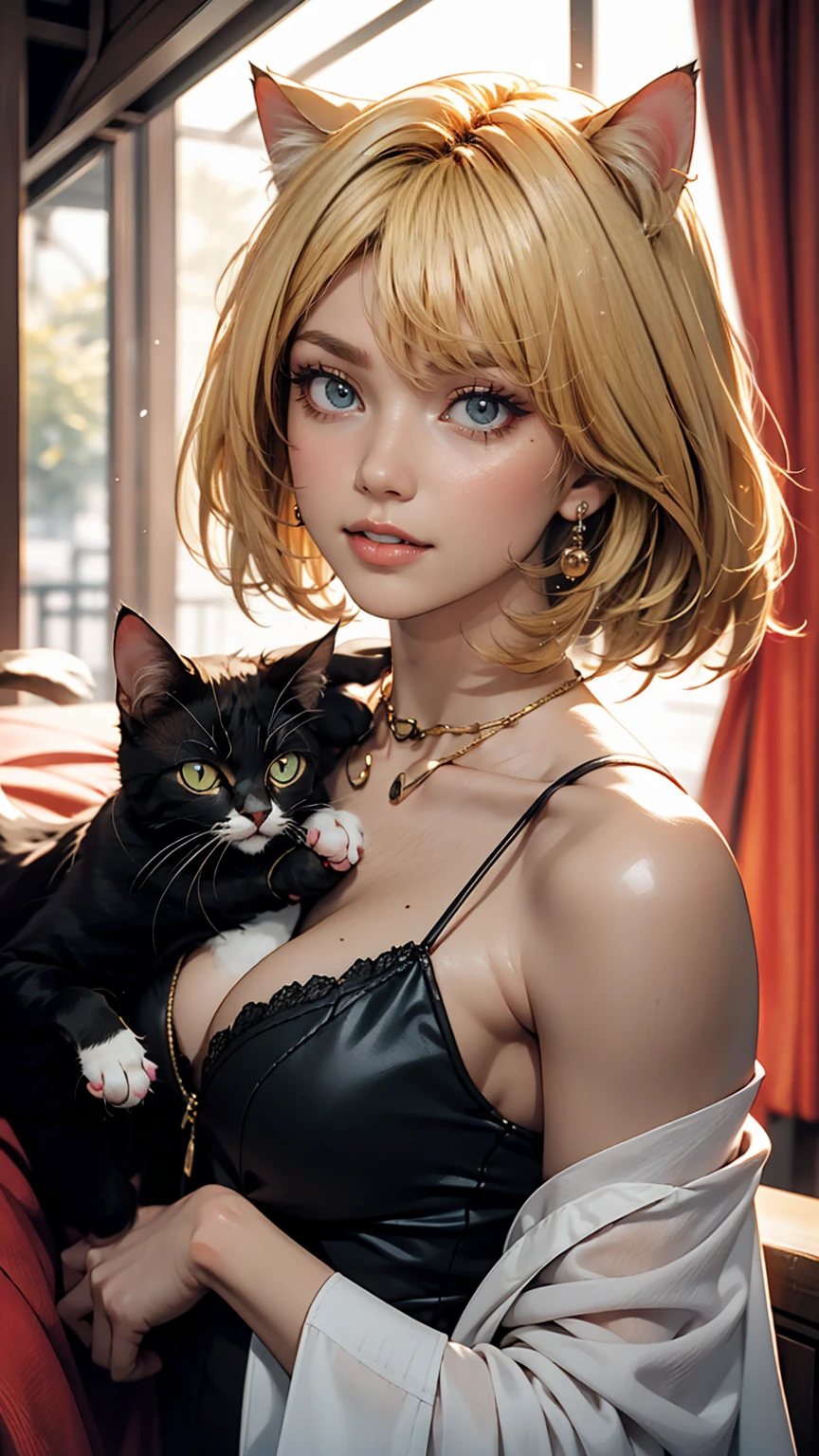 Detailed face and skin texture, Beautiful woman, Blonde middlehair, cat suit