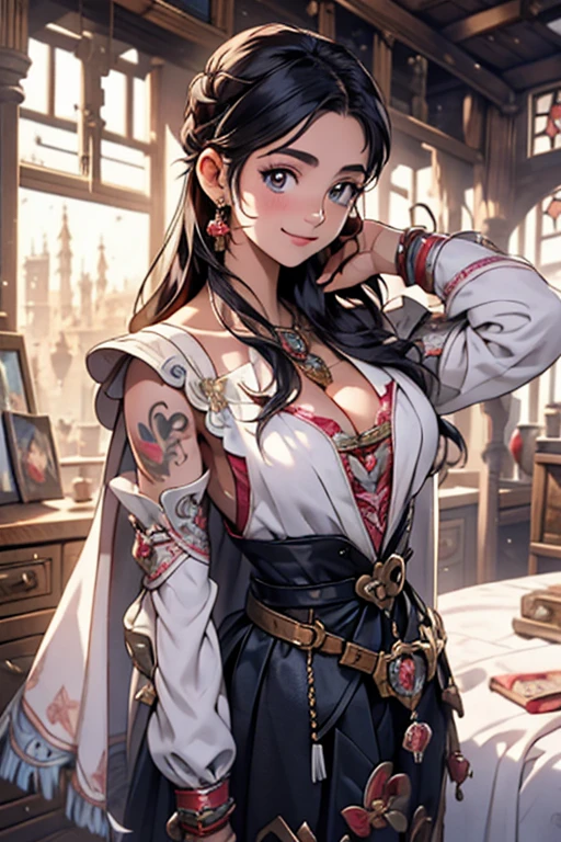 masterpiece, highest quality, Adult women,Very detailed,Ukrainian facial structure,Rin々Nice face,Open Mouth Smile,White, pink, and purple adventurer uniform,Medieval Europe,Medium Hair,Show your armpits,Black eyes,European facial structure,The dignity of a hero,,Small hair ornament,tattoo,Cape,Legs visible through the skirt,Natural Beauty,Investigating the ruins, which are in a very dilapidated state.,Cinematic,Large Breasts,Cleavage,