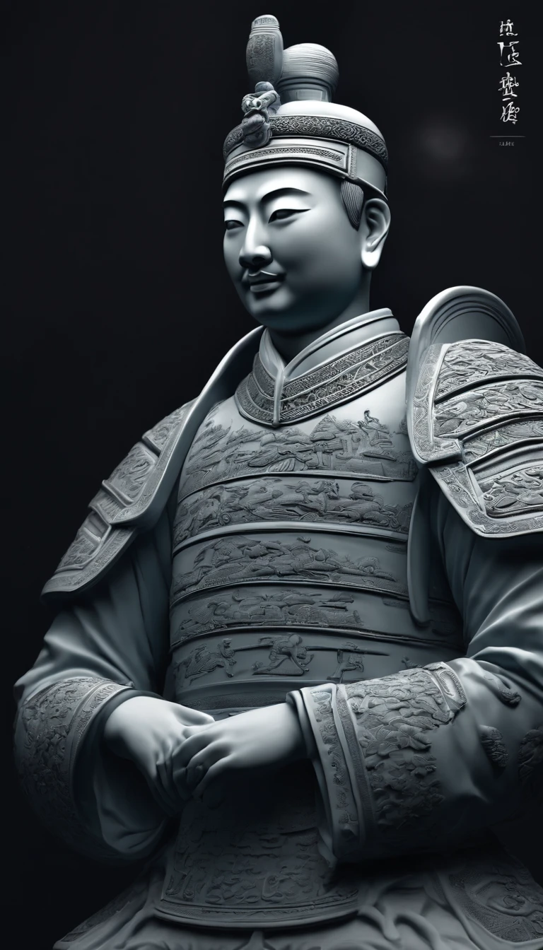 Blue and white porcelain,Ceramic material，terracotta warriors，anaglyph，petals，artwork of a，Ornaments， high detail,3D， Chiaroscuro, Cinematic lighting, god light, Cinematic lighting, hyper HD, High details, Best quality, A high resolution, Textured skin