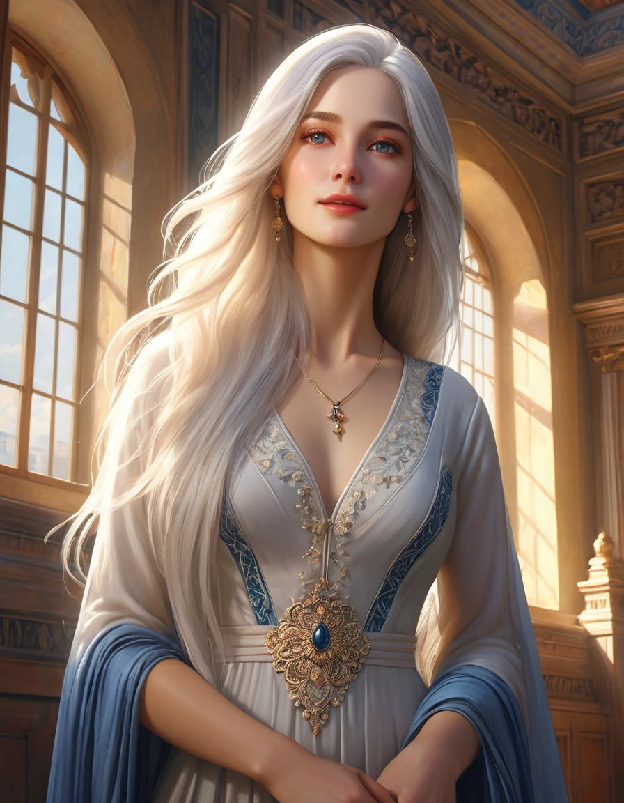 a beautiful tall white-haired woman in school, detailed face and eyes, elegant long hair, flowing dress, serene expression, sunlight streaming through windows, warm lighting, intricate architectural details, oil painting style, vibrant colors, photorealistic, cinematic composition, (best quality,4k,8k,highres,masterpiece:1.2),ultra-detailed,(realistic,photorealistic,photo-realistic:1.37)