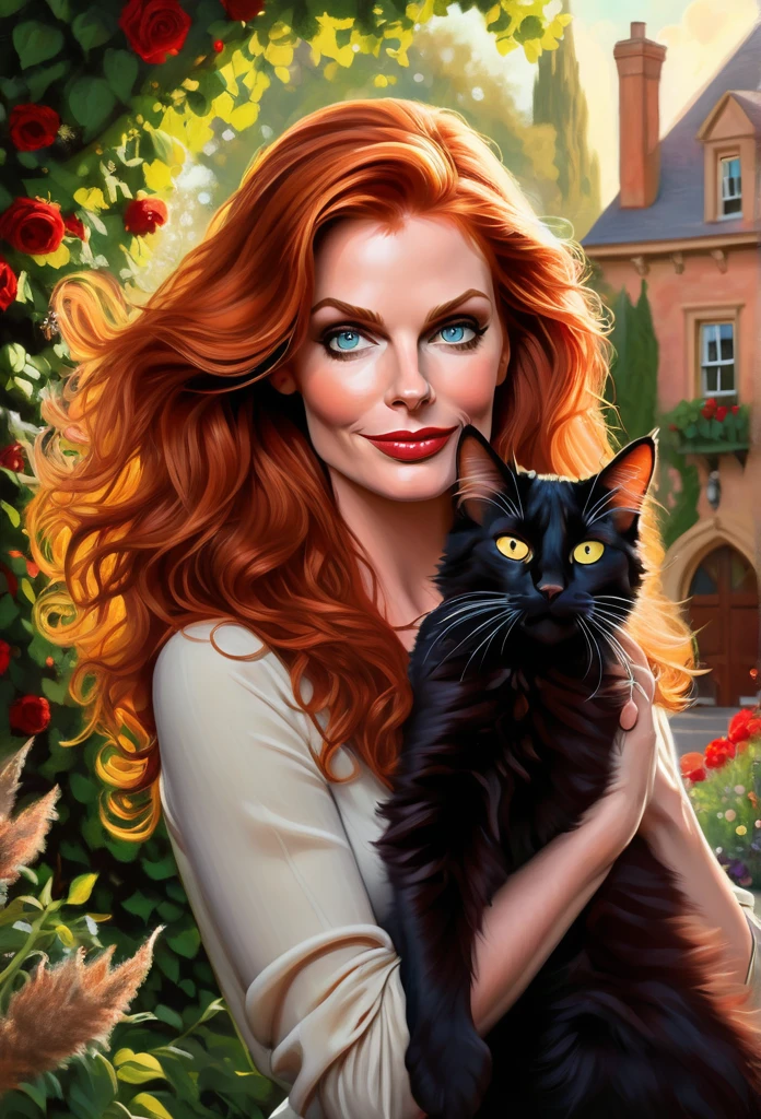 red-haired CatWoman [Anne Hathaway:Michelle Pfeiffer:0.45] with a full sized  red mainecoon cat, (best quality, masterpieces, ultra-detailed), beautiful detailed eyes, beautiful detailed lips, longeyelashes, vibrant colors, illustrative style, oil painting texture, flowing red hair, cozy garden background, soft sunlight, lively expression, joyful interaction with the cat, dynamic pose, realistic rendering.