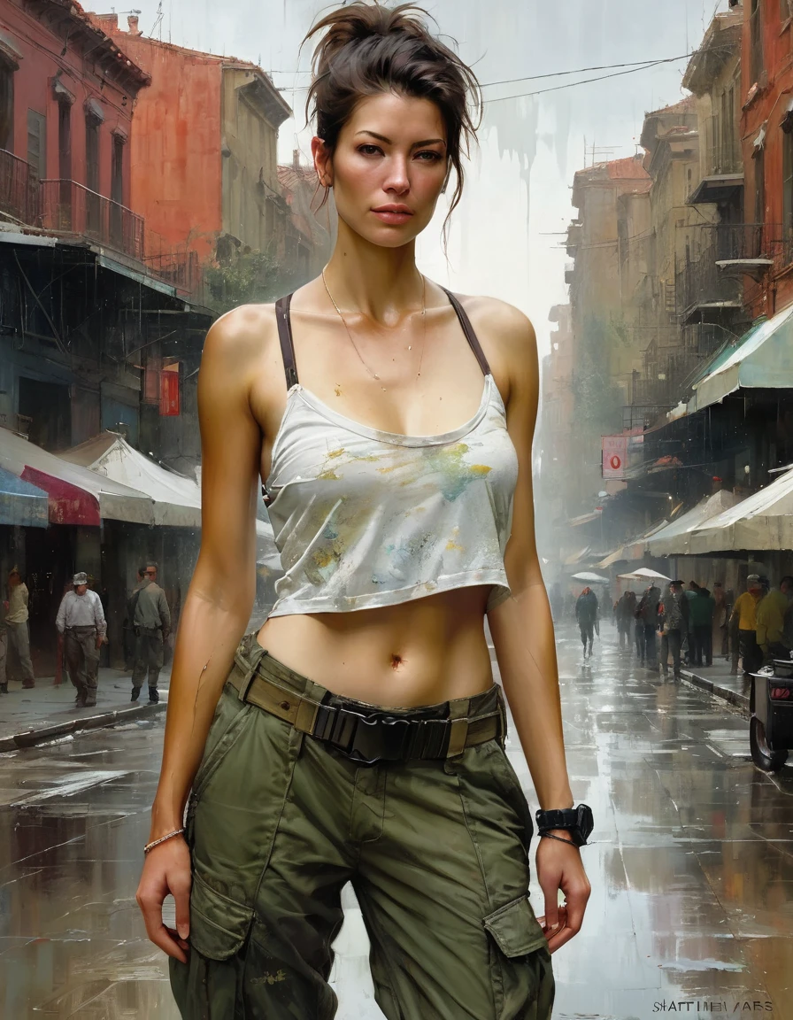 Samdos Arts; Winning half-body portrait of a beautiful woman wearing crop top and cargo pants, Military boots, Standing on the street, a faint smile,  Paint splashes, Tie your hair up, Splash, Overtake, Vaporware,  Digital Art, Trending on Art Station, Very detailed, The finer details, A complex piece by Jeremy Mann, Matthew Merian the Elder, Pino Daeni, Robert Rauschenber, By Beksiński