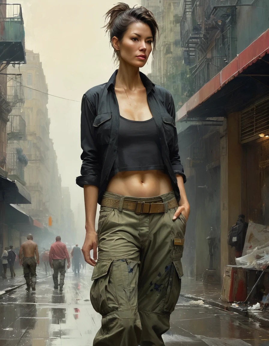 Samdos Arts; Winning half-body portrait of a beautiful woman wearing crop top and cargo pants, Military boots, Standing on the street, a faint smile,  Paint splashes, Tie your hair up, Splash, Overtake, Vaporware,  Digital Art, Trending on Art Station, Very detailed, The finer details, A complex piece by Jeremy Mann, Matthew Merian the Elder, Pino Daeni, Robert Rauschenber, By Beksiński