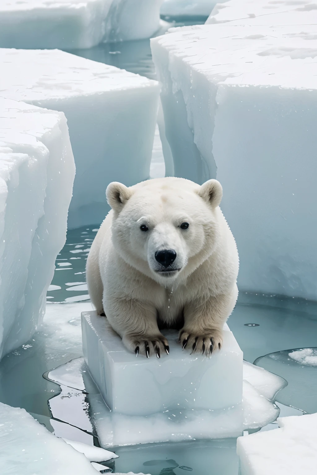 una imagen impactante que muestre los efectos del calentamiento global, like a polar bear on a melting block of ice