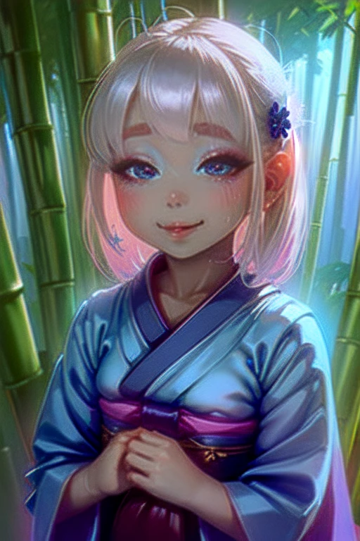 (High quality, High resolution, Fine details), BREAK streaming sunlight through bamboo grove, BREAK indigo kimono, solo, curvy women, white hair, sparkling eyes, (Detailed eyes:1.2), smile, blush, Sweat, Oily skin, shallow depth of field, soft pastel colors, peaceful stillness