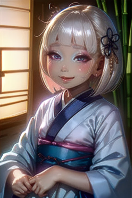(High quality, High resolution, Fine details), BREAK streaming sunlight through bamboo grove, BREAK indigo kimono, solo, curvy women, white hair, sparkling eyes, (Detailed eyes:1.2), smile, blush, Sweat, Oily skin, shallow depth of field, soft pastel colors, peaceful stillness