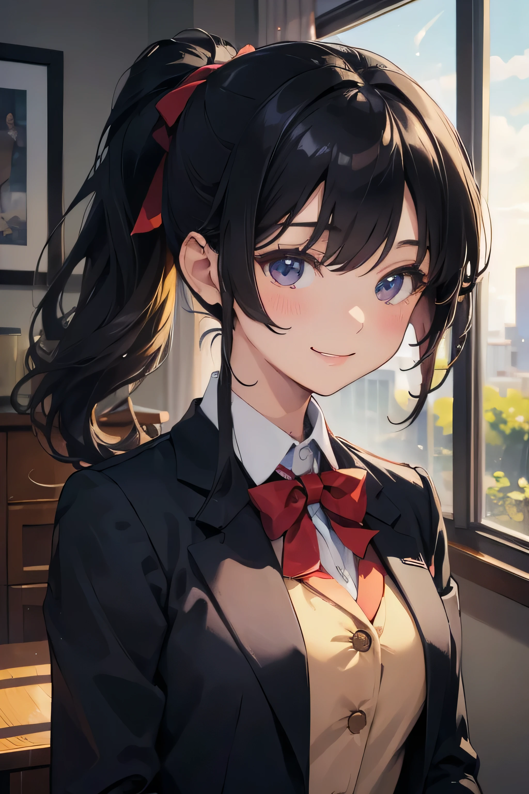 ((masterpiece、highest quality))、An illustration、Very detailed、high school girl、ponytail、uniform、blazer、Black Hair、smile
