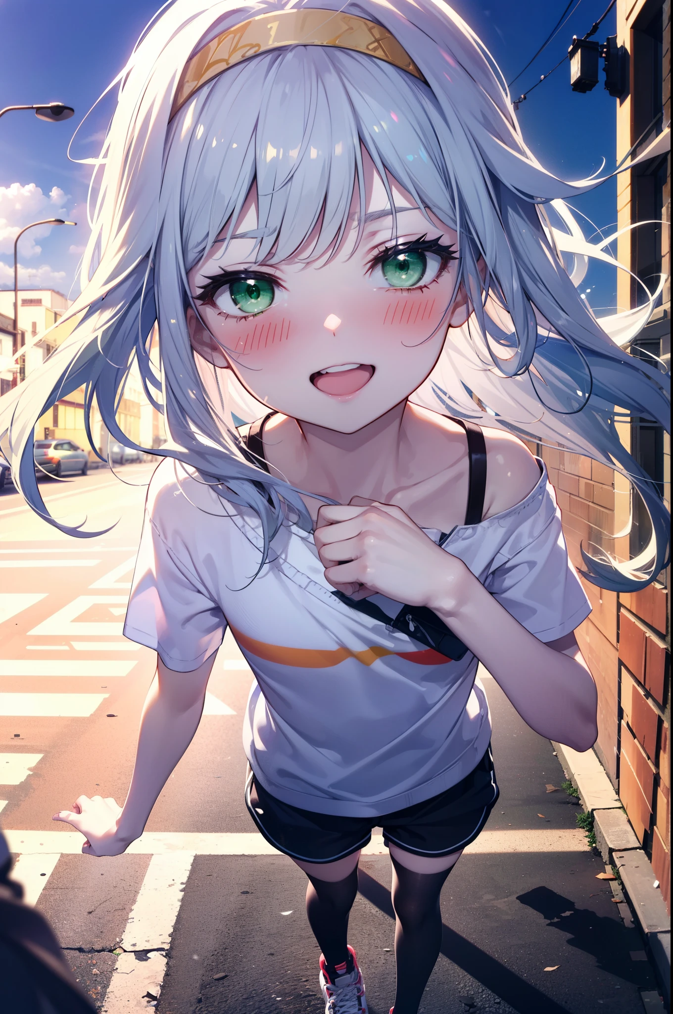 index, index, (Green Eyes:1.5), Silver Hair, Long Hair, (Flat Chest:1.2),happy smile, smile, Open your mouth,blush,hair band,Cordo shoulder top,Short sleeve,Shorts,Black tights,High-top sneakers,Daytime,Clear skies,whole bodyがイラストに入るように,Walking,
break looking at viewer, whole body,
break outdoors, In town,Building district,
break (masterpiece:1.2), highest quality, High resolution, unity 8k wallpaper, (figure:0.8), (Beautiful fine details:1.6), Highly detailed face, Perfect lighting, Highly detailed CG, (Perfect hands, Perfect Anatomy),