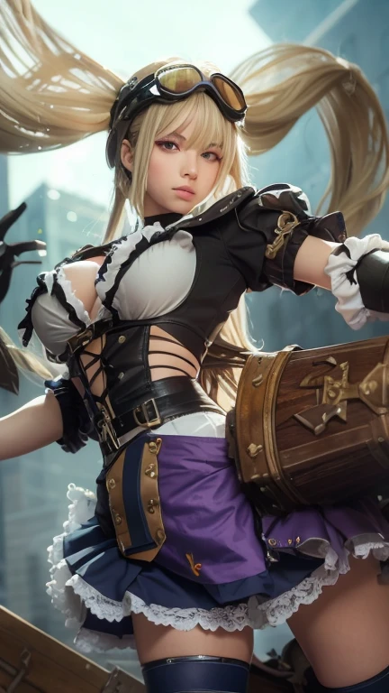 (lifelike, high - resolution:1.3),1Indonesian_girl_face with a perfect body, Super fine face and eyes,slong hair, goggles, twintails, solo, blonde_hair, goggles_on_head, breasts, gloves, large_breasts, long_hair, fingerless_gloves, weapon, cleavage, brown_eyes, puffy_sleeves:1.2, short jeans, big boob,Expose cleavage , silky skin, dark nipples, wet skin,
Wet body silky breasts, solo, goggles, long_hair, thighhighs, breasts, gloves, goggles_on_head, twintails, blonde_hair, fingerless_gloves, cleavage, very_long_hair, striped_thighhighs, corset, huge_weapon, striped, boots, steampunk, cleavage_cutout, skirt, garter_straps, vertical-striped_thighhighs, vertical_stripes, weapon, large_breasts, clothing_cutout, full_body, Super fine face and eyes,slong hair, Tank top over low claveage :1.2, short jeans, big boob,Expose cleavage