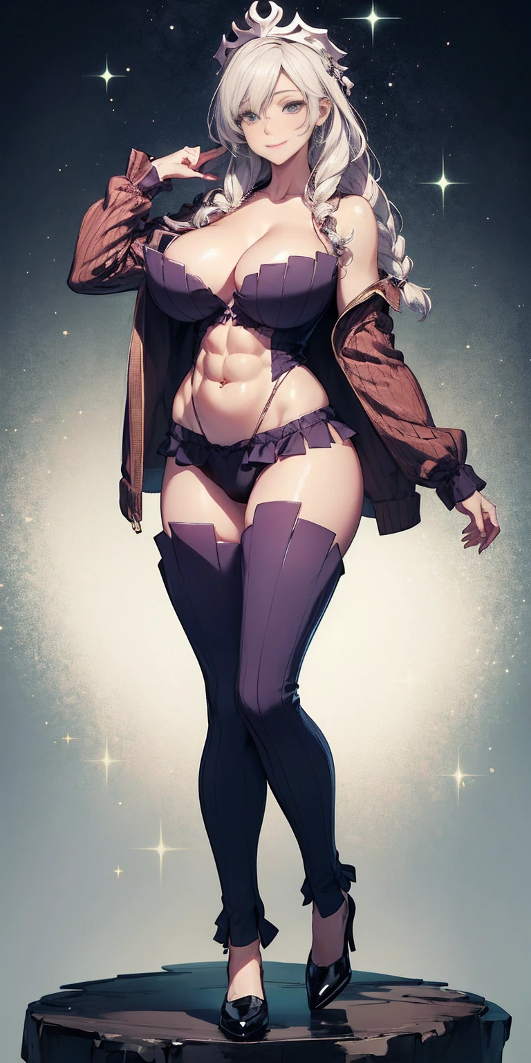 (masterpiece, HI quality: 1.1) 1girl full body standing good face, nice ass, hairstyle: braid, Color Hair: long hair, Blindfolded: NO EYES, Skin: White (porcelain skin, sparkly skin), muscular, thighs, Mature woman, Abs, looks at the viewer smiling, extremely huge breasts, maternal, chest cover with clothes
